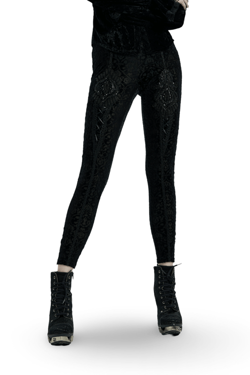 Schwarze Gothic-Samt-Leggings mit floralem Spitzendetail