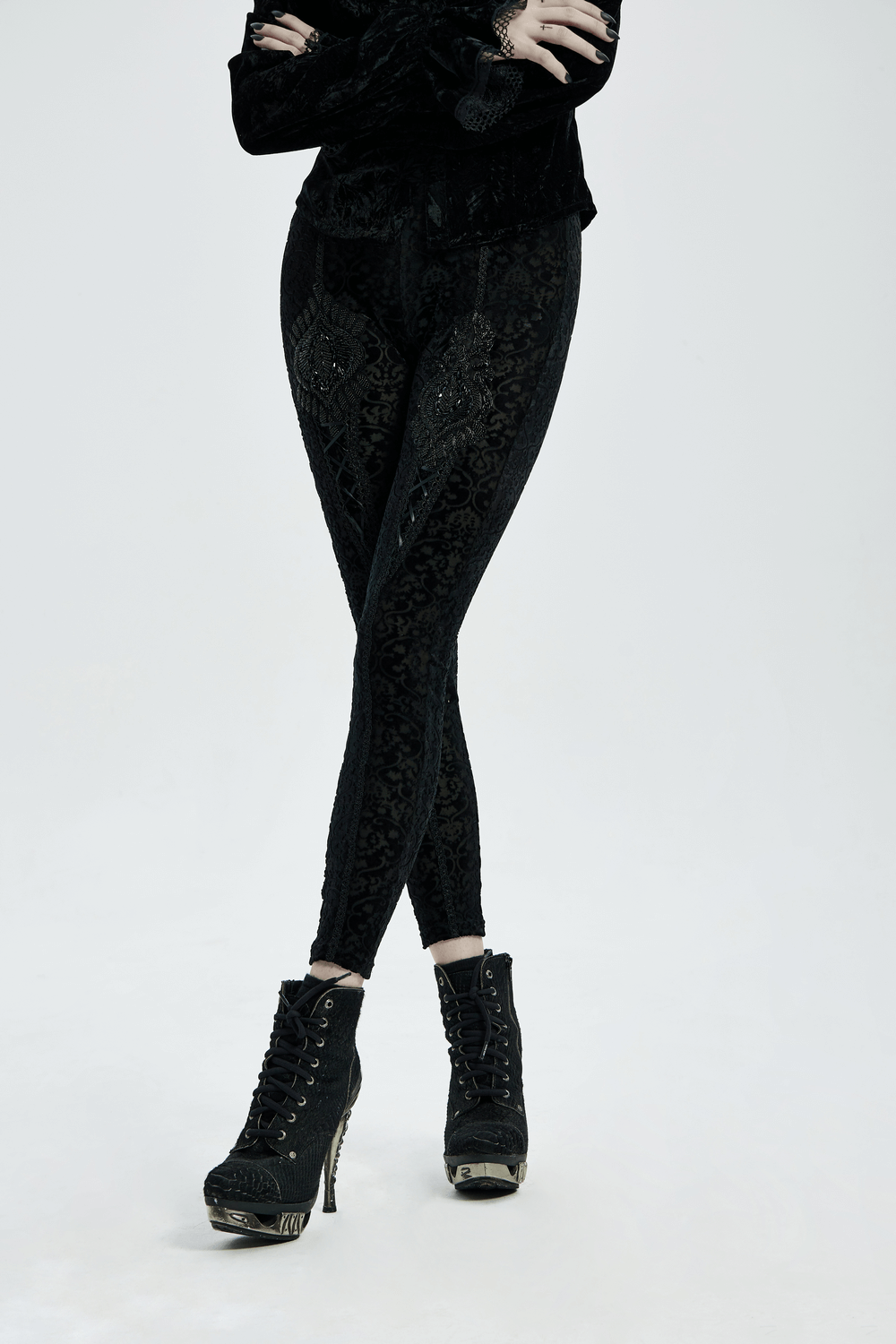 Black Gothic Velvet Leggings with Floral Lace Detail