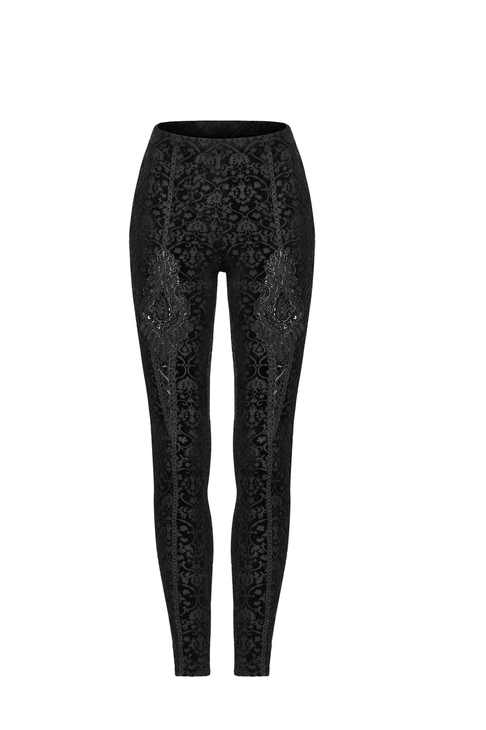 Elegant black gothic velvet leggings with floral lace detail and beadwork, perfect for a chic gothic wardrobe.