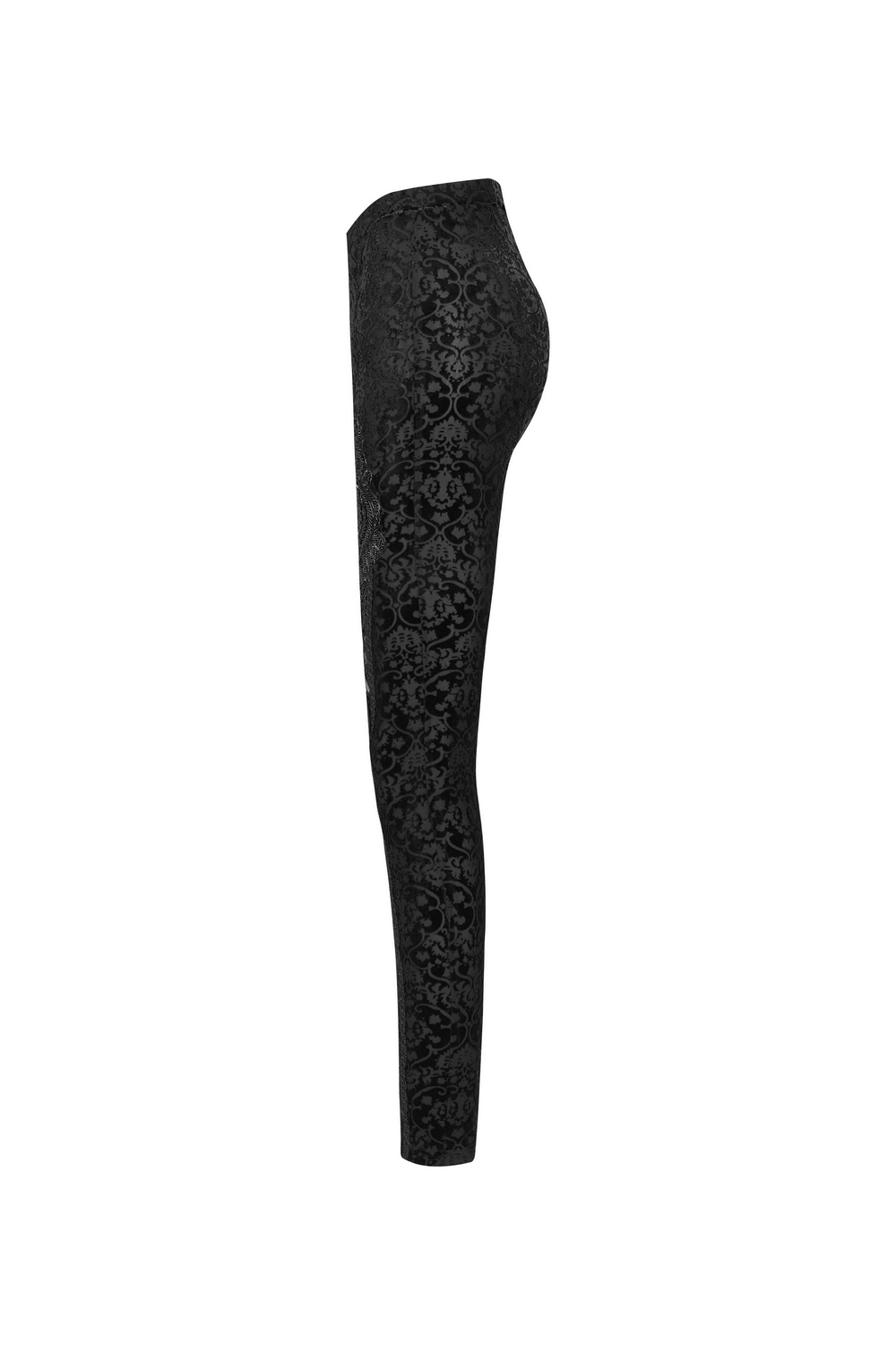 Black gothic velvet leggings with intricate floral lace detail, perfect for elevating your wardrobe style.