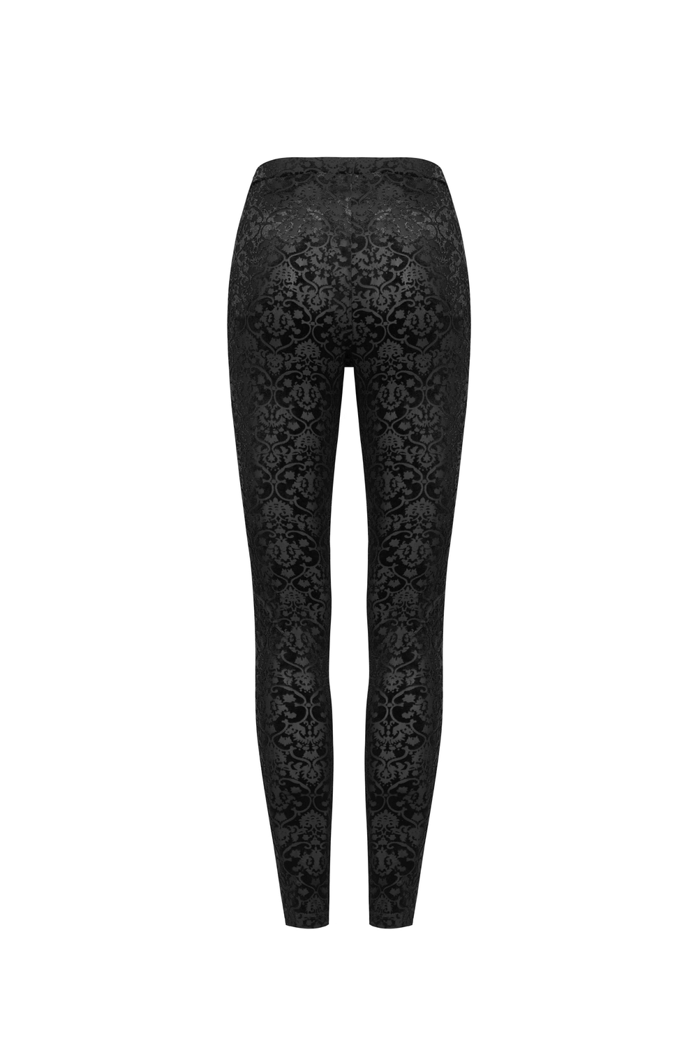 Black Gothic Velvet Leggings with intricate burnout floral pattern for an elegant look.