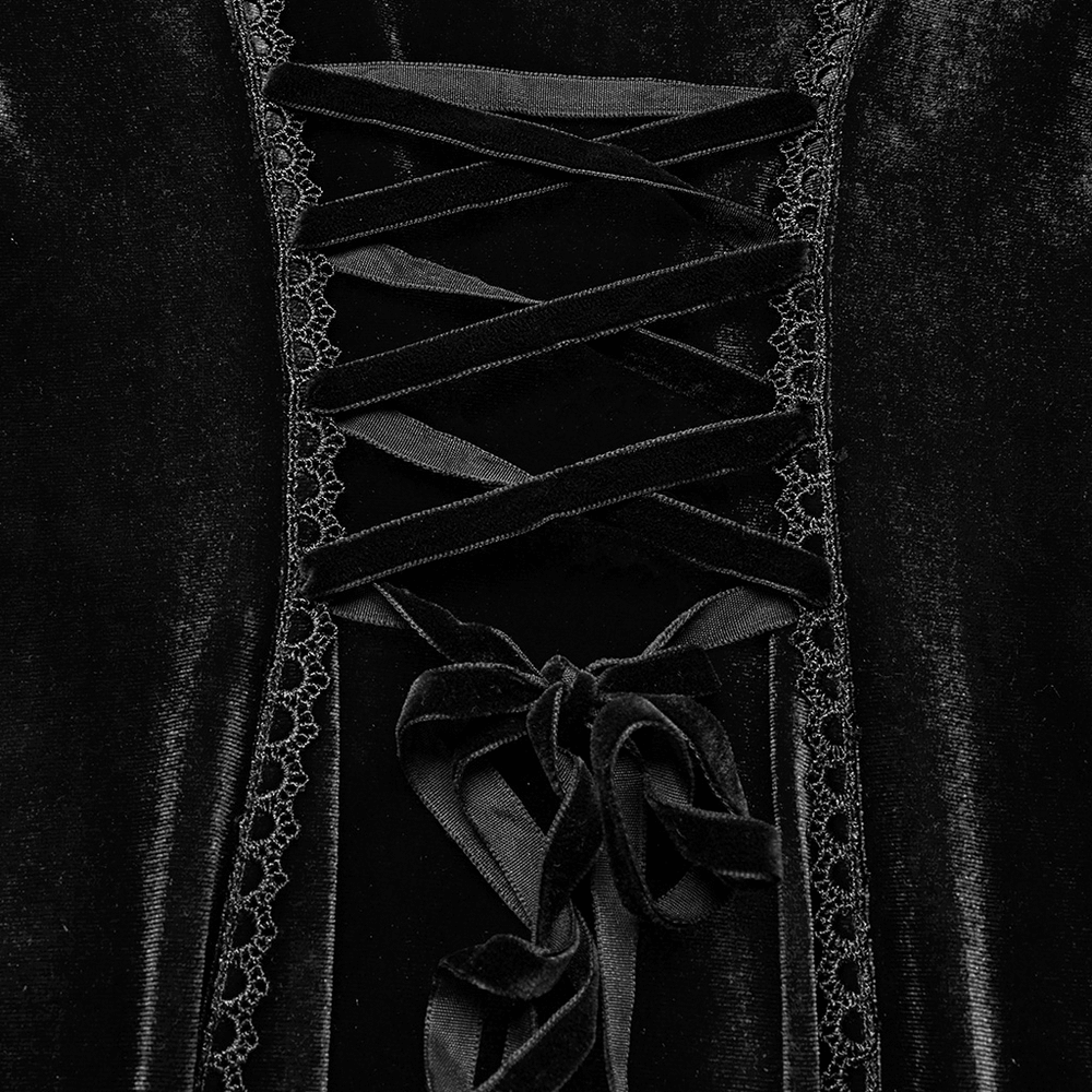 Close-up of black velvet maxi dress lace-up corset back with elegant lace trim details.