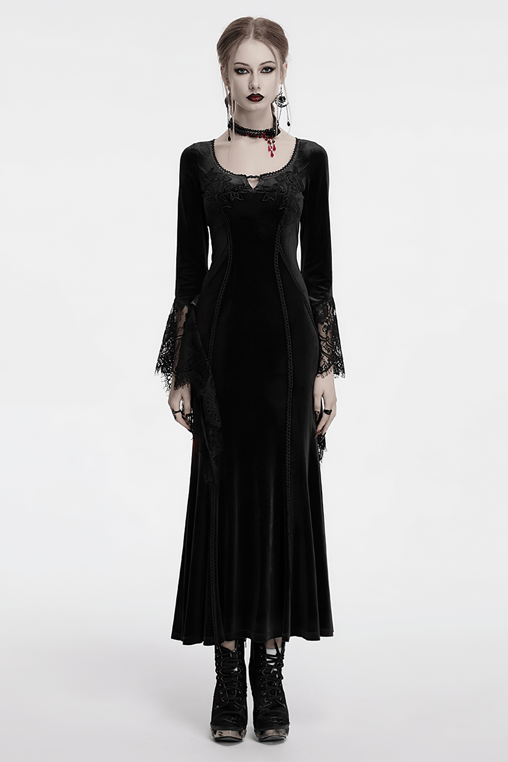 Elegant black gothic velvet maxi dress with lace sleeves and rose details, perfect for a dark, enchanting wardrobe.