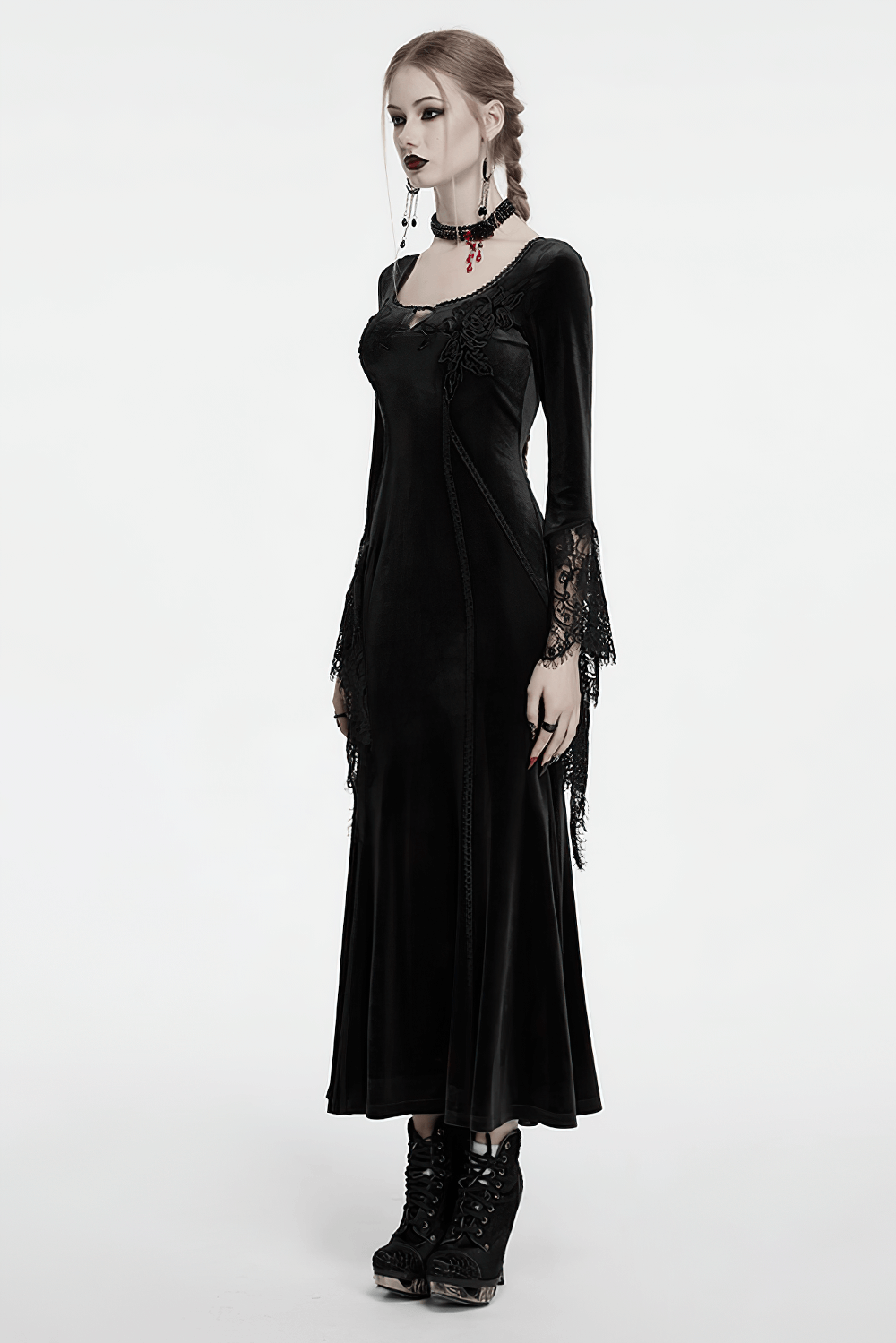 Elegant black gothic maxi dress with lace sleeves and rose details, perfect for a stunning gothic look.
