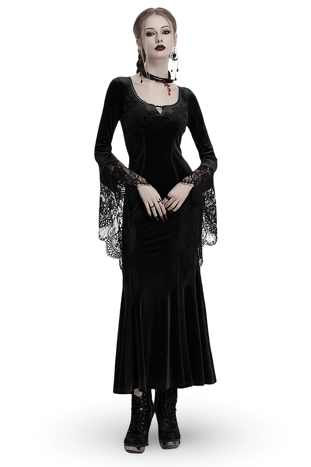 Elegant black gothic velvet maxi dress with lace sleeves and rose details, perfect for a dark, enchanting look.