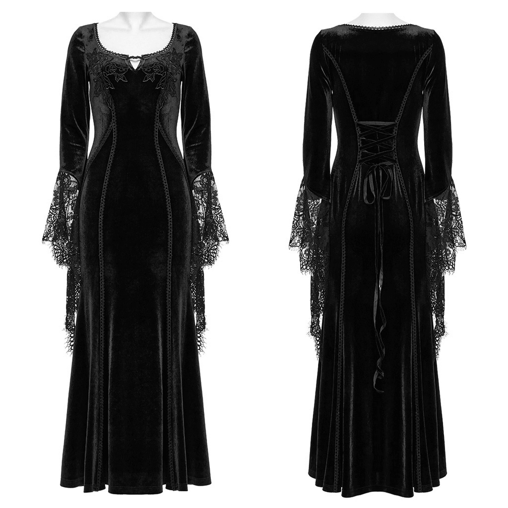 Black Gothic Velvet Maxi Dress with Lace Cuffs and Rose Detail, perfect for elegant gothic styles.