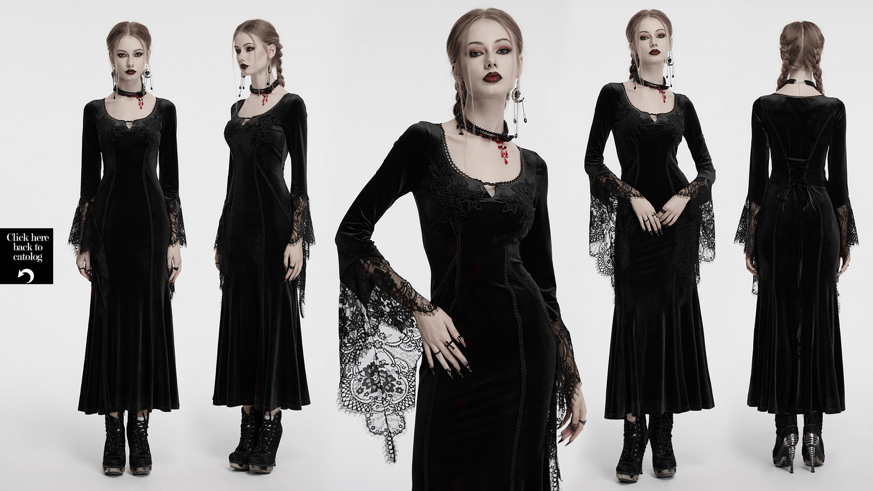 Black gothic velvet maxi dress with lace sleeves and rose details, featuring a corset-style back for elegant flair.
