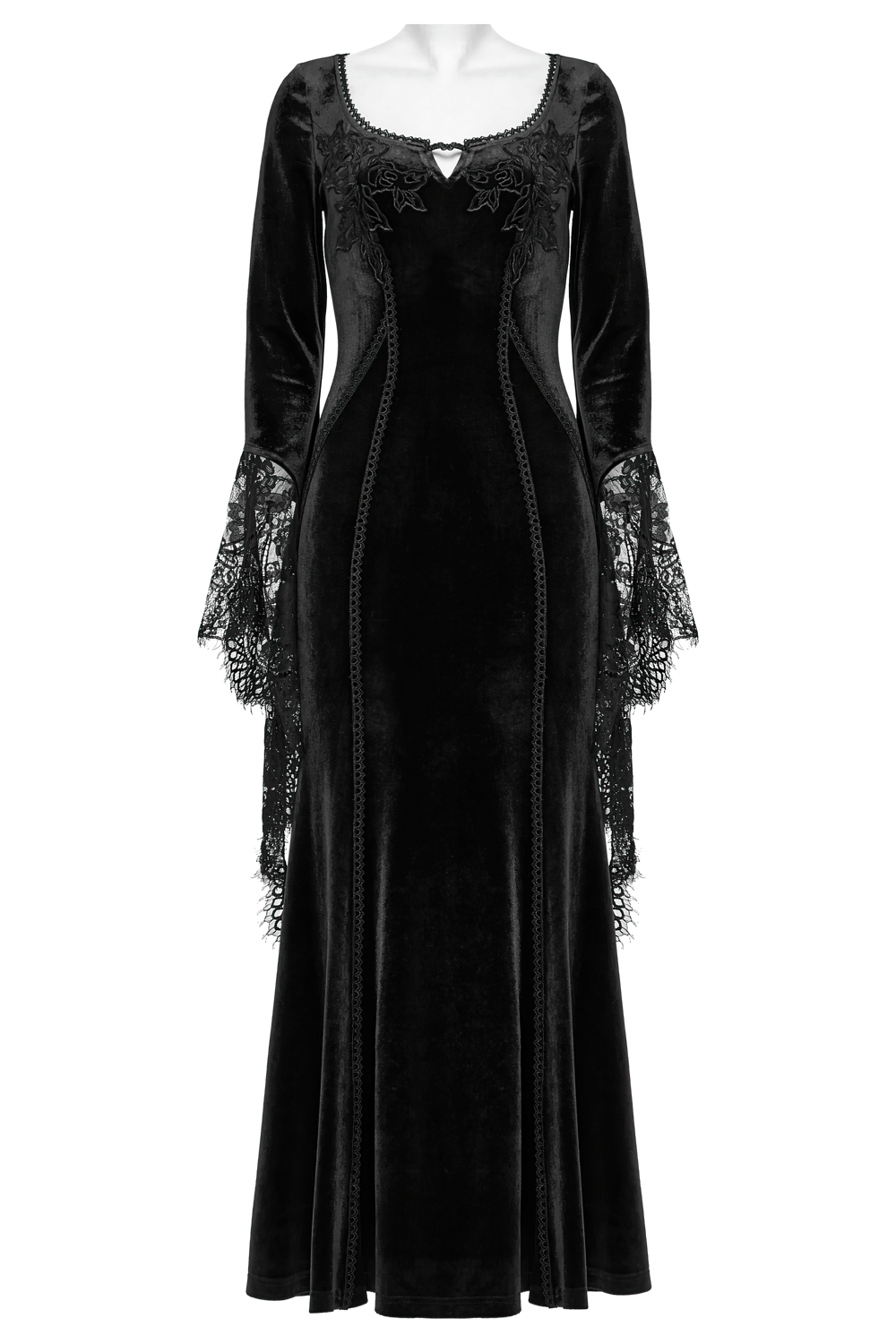 Elegant black gothic velvet maxi dress with lace sleeves and rose details, perfect for a dramatic, stylish look.
