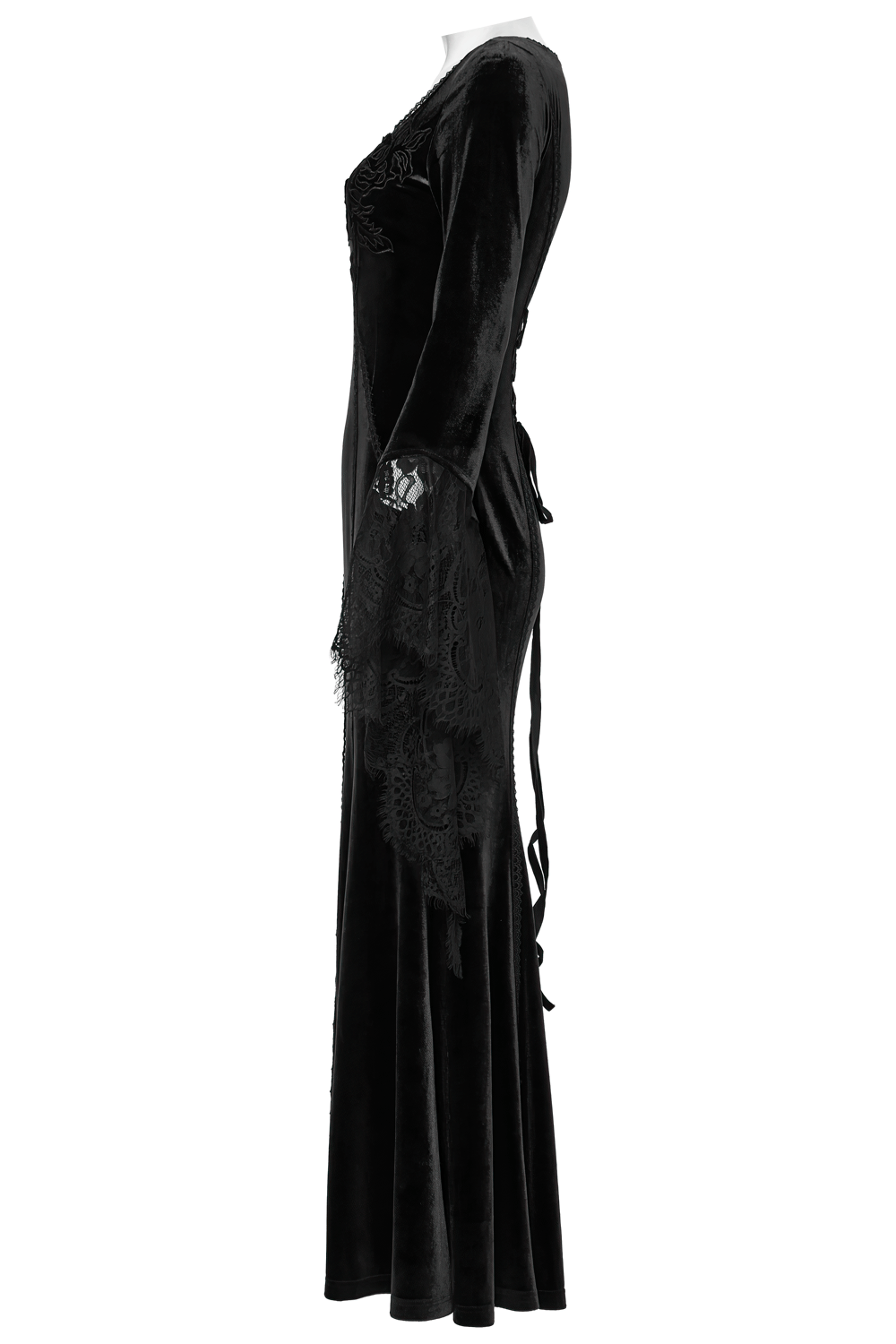 Black gothic velvet maxi dress with lace sleeves and rose details, showcasing an elegant silhouette.
