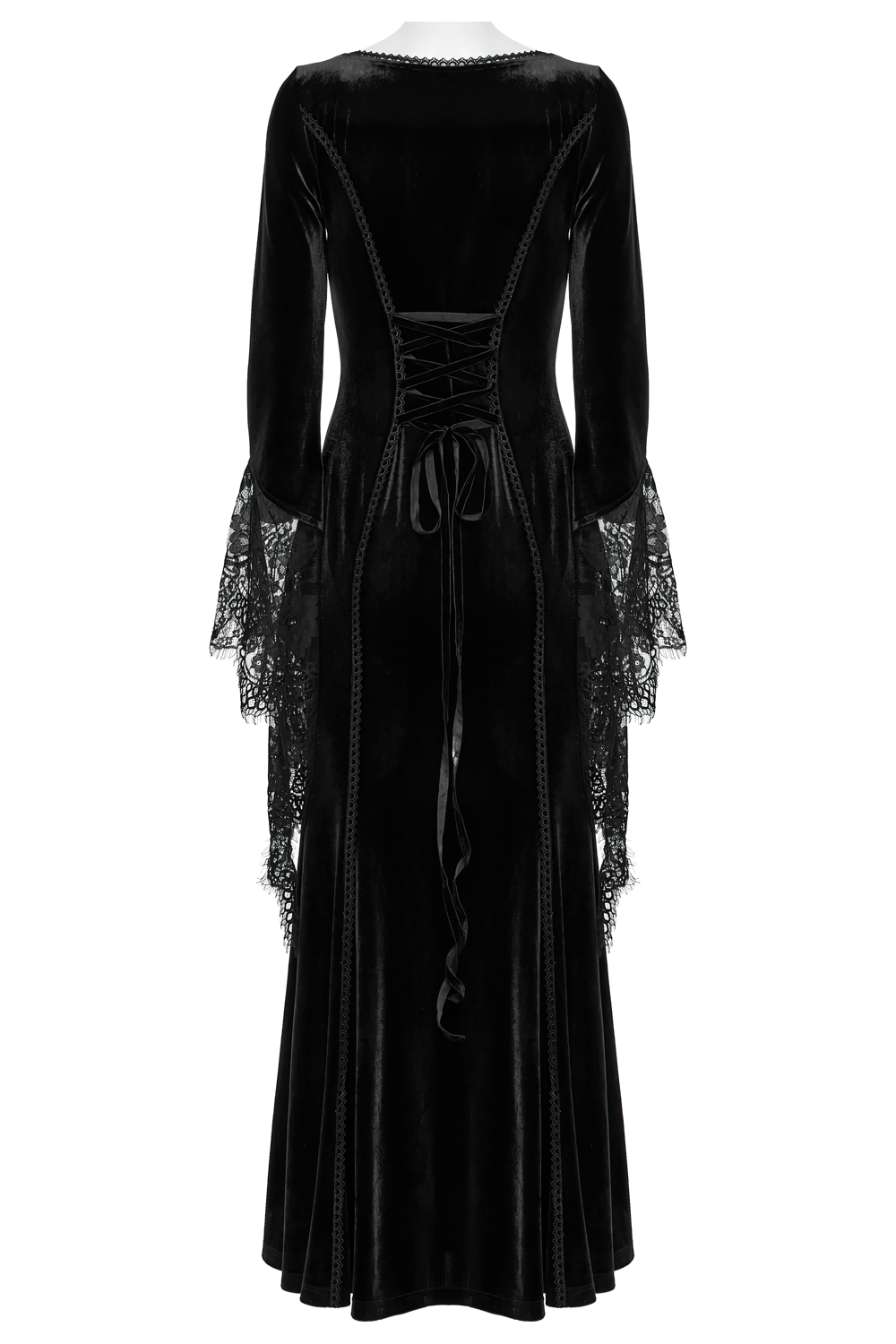 Back view of a Black Gothic Velvet Maxi Dress showcasing lace sleeves and corset-style detailing.