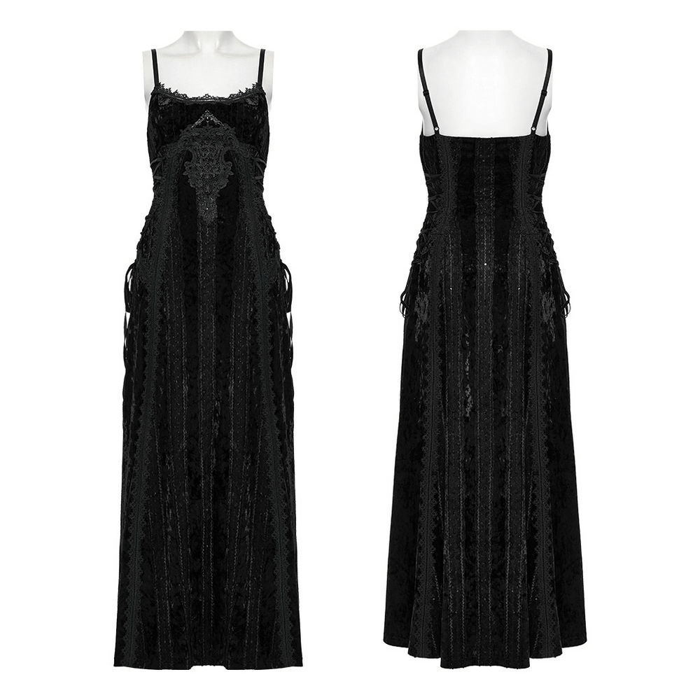 Elegant black gothic velvet maxi dress with retro lace trim and adjustable straps, showcasing a luxurious design.