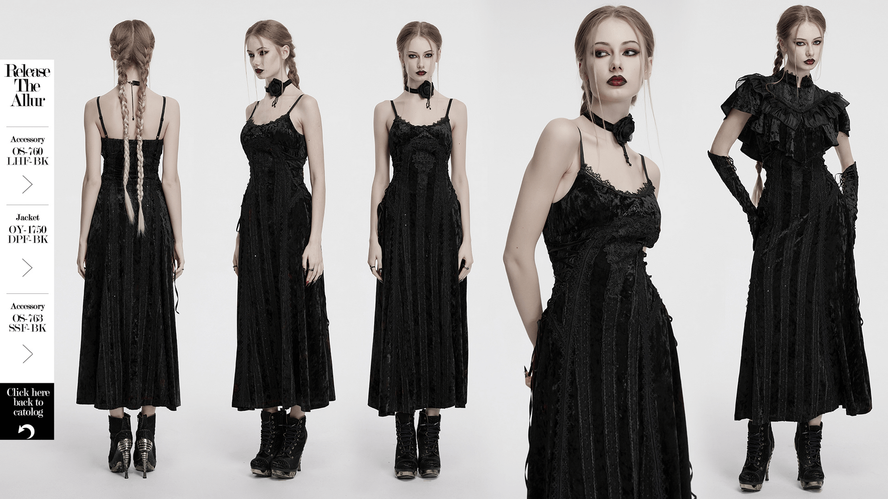 Black gothic velvet maxi dress with retro lace trim, showcasing elegant design and adjustable straps.