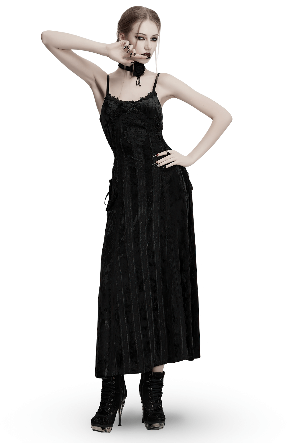 Black gothic velvet maxi dress with retro lace trim and adjustable straps, styled with chic platform boots.