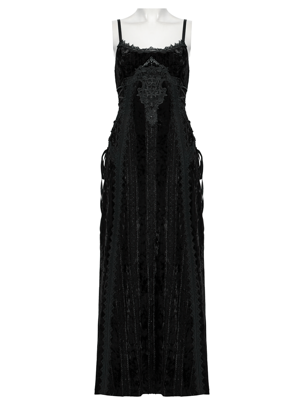 Black gothic velvet maxi dress with retro lace trim and adjustable straps for a luxurious look.