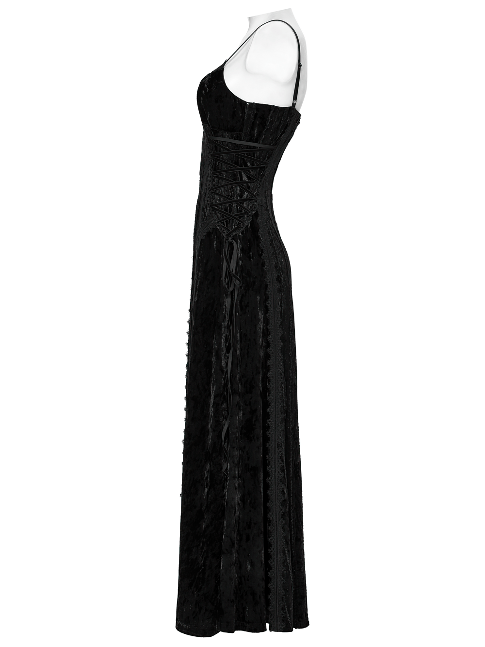 Elegant black gothic velvet maxi dress featuring retro lace trim and adjustable straps side view.