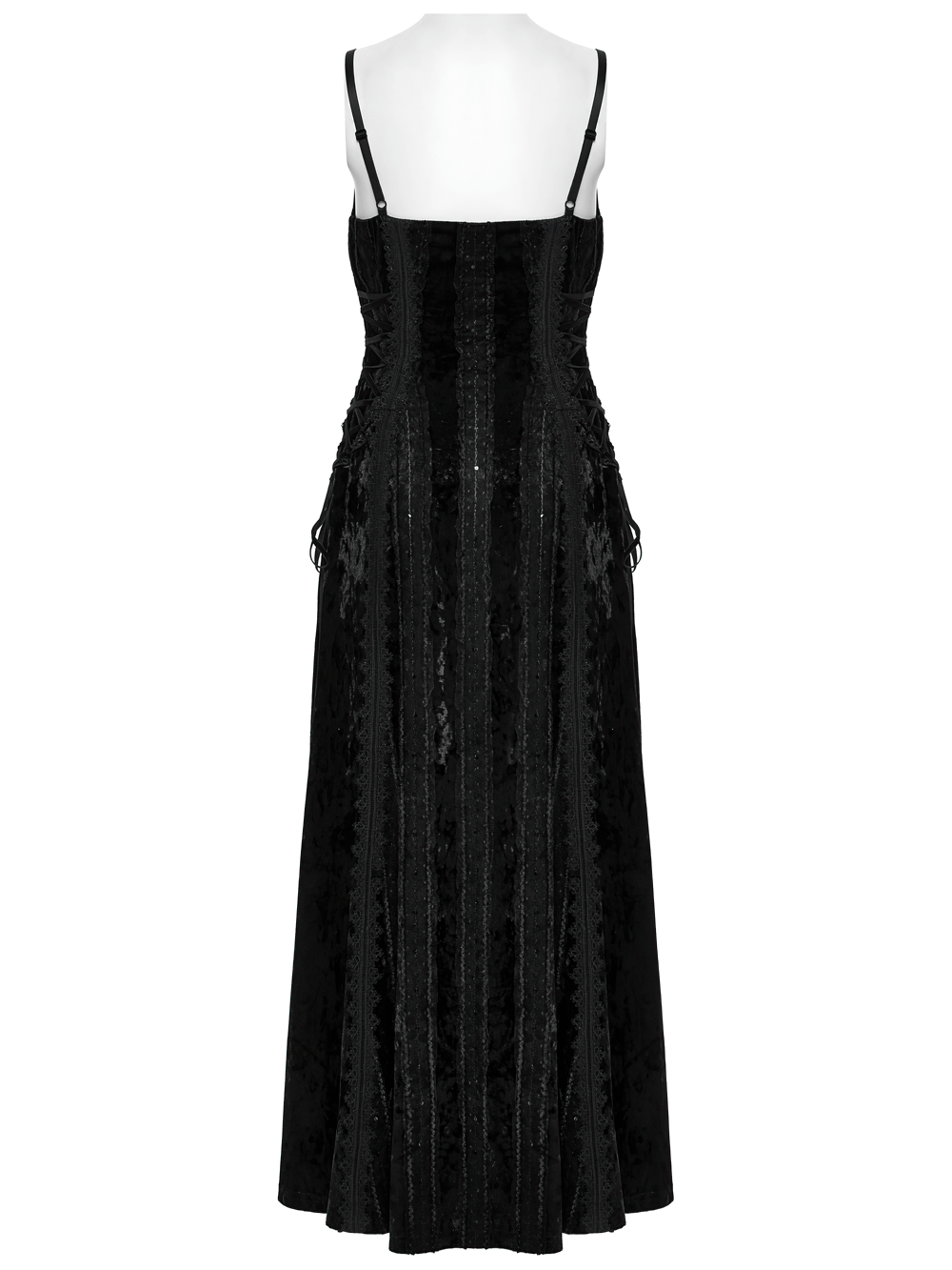 Back view of elegant black gothic velvet maxi dress with retro lace trim and adjustable straps.