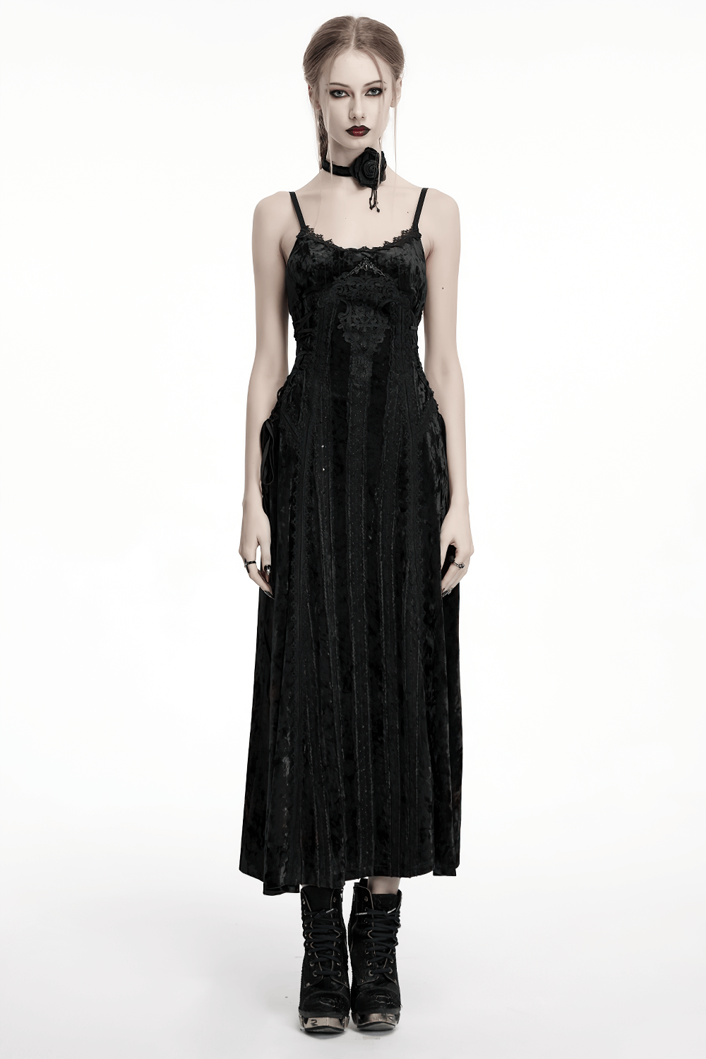 Elegant black gothic velvet maxi dress with retro lace and adjustable straps, perfect for a stylish, dark look.