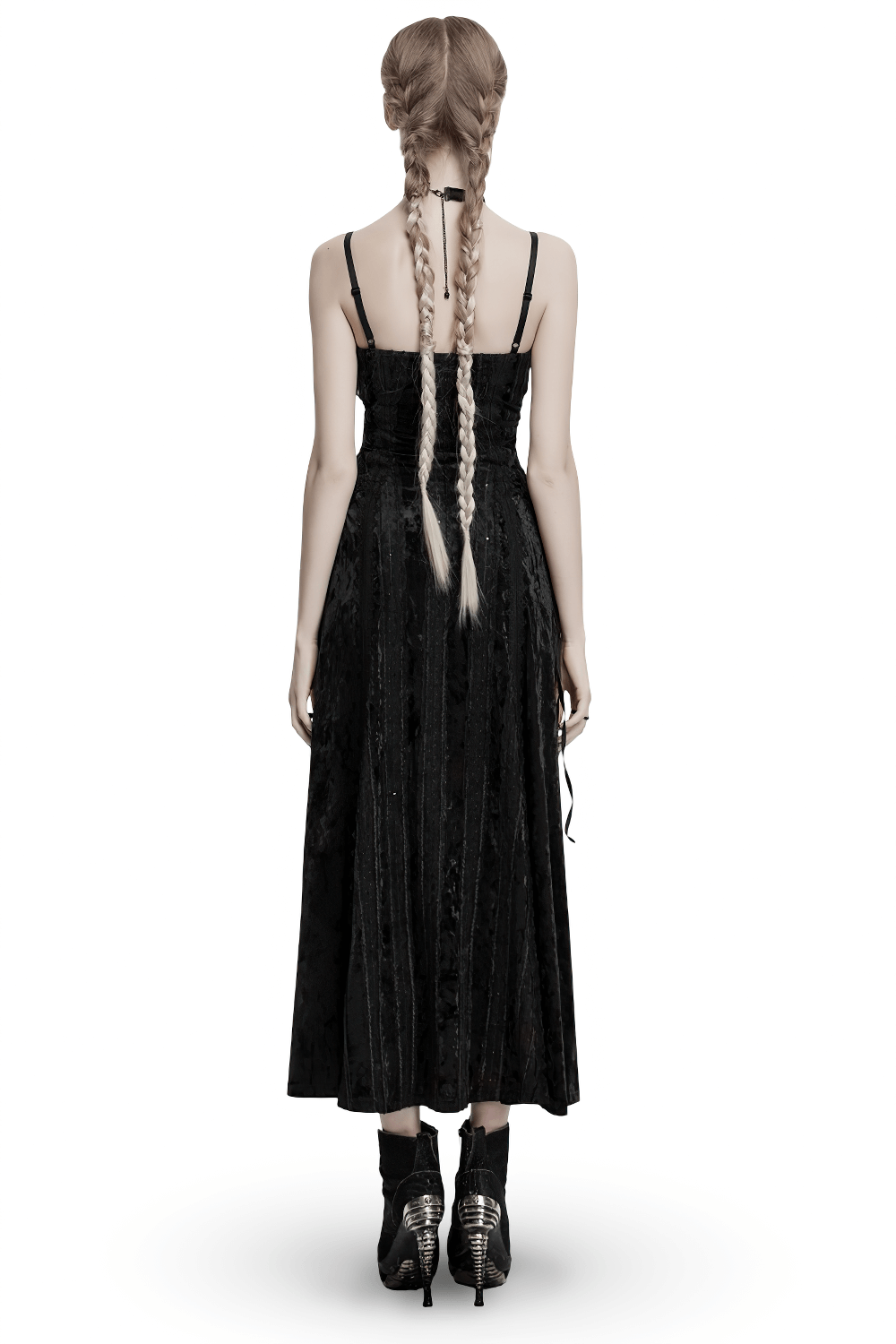 Back view of a black gothic velvet maxi dress with retro lace trims and adjustable straps, showcasing elegance.