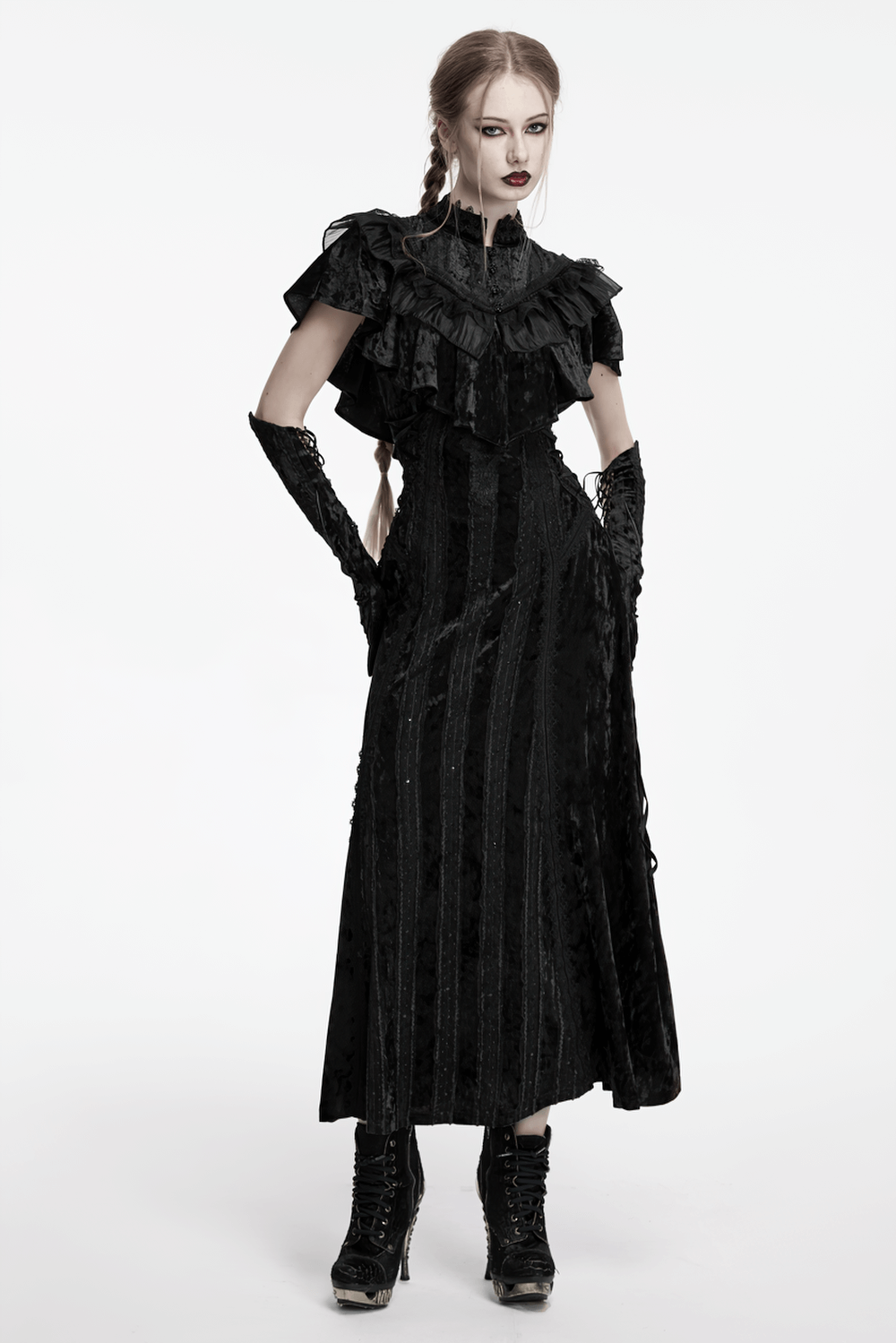 Elegant black gothic velvet maxi dress with ruffled sleeves and matching gloves, perfect for a dramatic look.