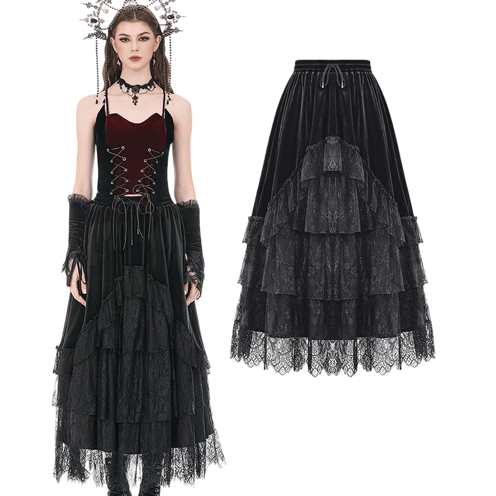 Black Gothic Velvet Maxi Skirt with Layered Lace Ruffles