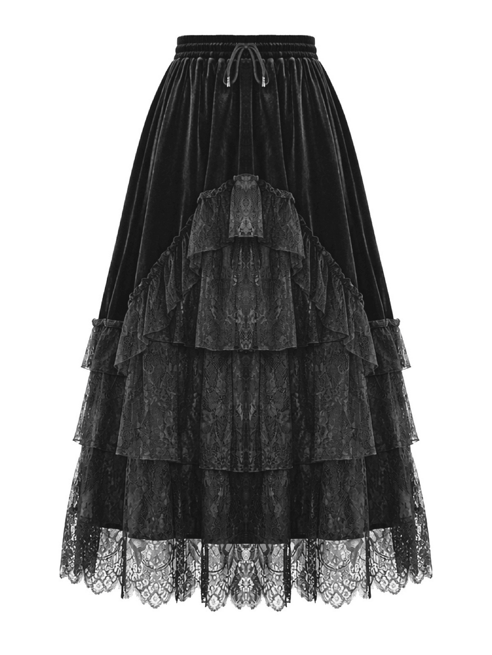 Black Gothic Velvet Maxi Skirt with Layered Lace Ruffles