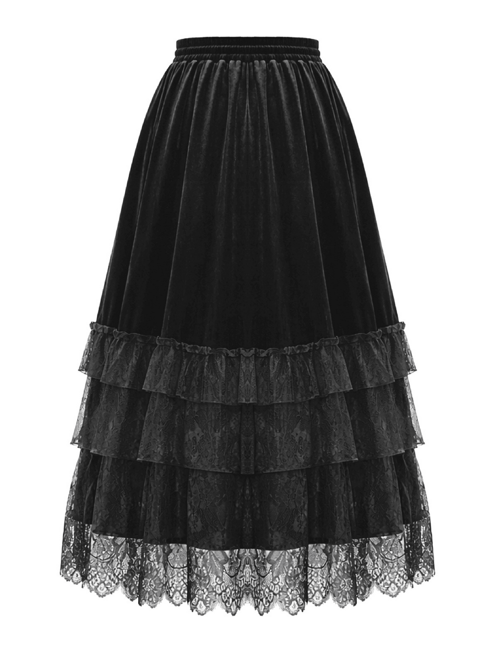 Black Gothic Velvet Maxi Skirt with Layered Lace Ruffles