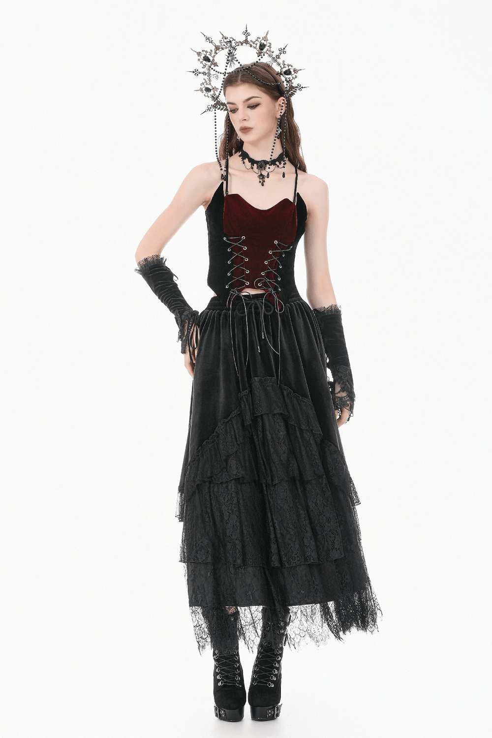 Black Gothic Velvet Maxi Skirt with Layered Lace Ruffles
