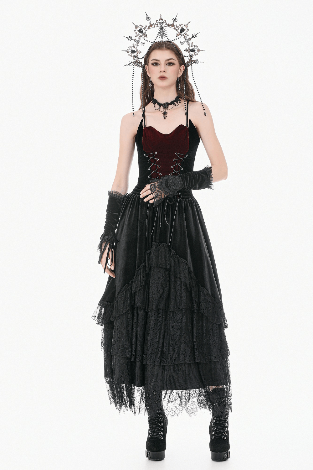 Black Gothic Velvet Maxi Skirt with Layered Lace Ruffles