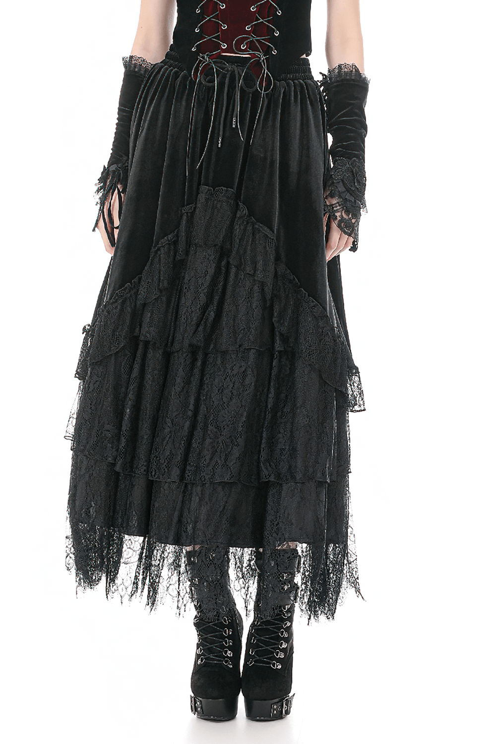 Black Gothic Velvet Maxi Skirt with Layered Lace Ruffles