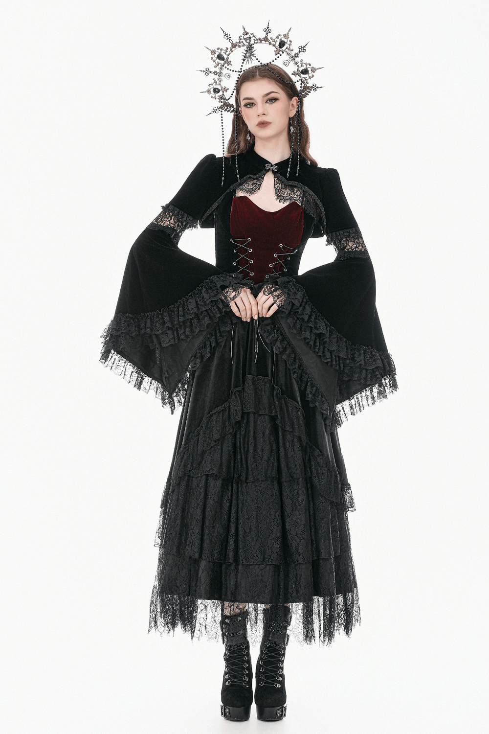 Black Gothic Velvet Maxi Skirt with Layered Lace Ruffles