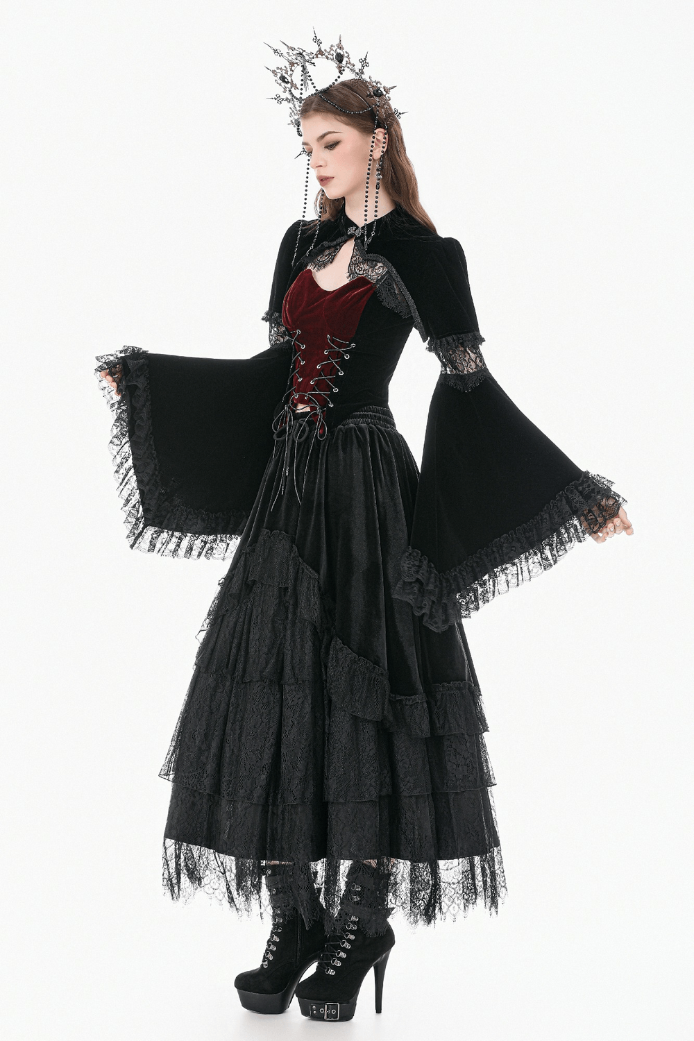 Black Gothic Velvet Maxi Skirt with Layered Lace Ruffles