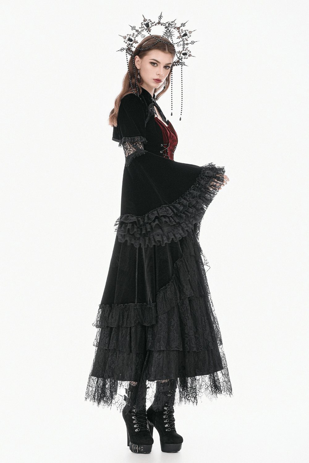 Black Gothic Velvet Maxi Skirt with Layered Lace Ruffles