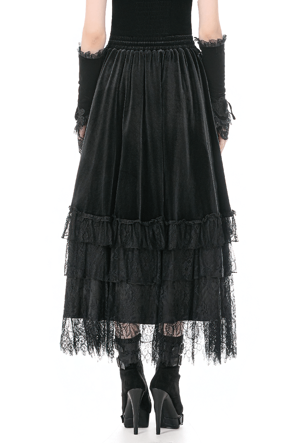 Black Gothic Velvet Maxi Skirt with Layered Lace Ruffles
