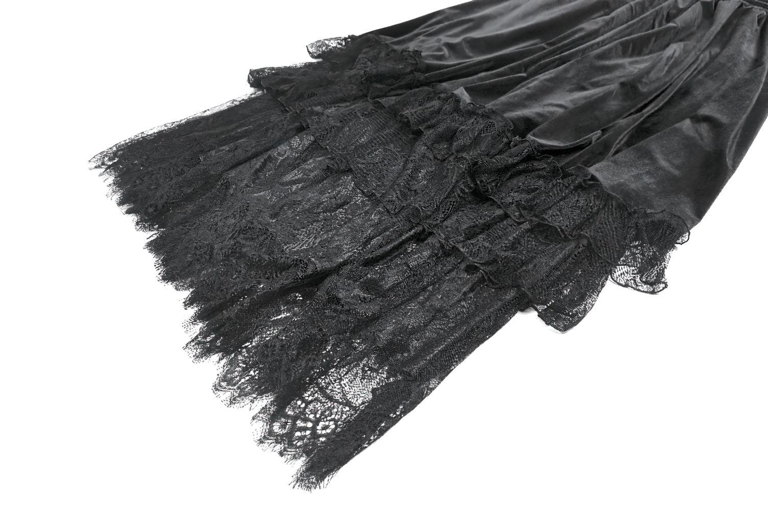 Black Gothic Velvet Maxi Skirt with Layered Lace Ruffles