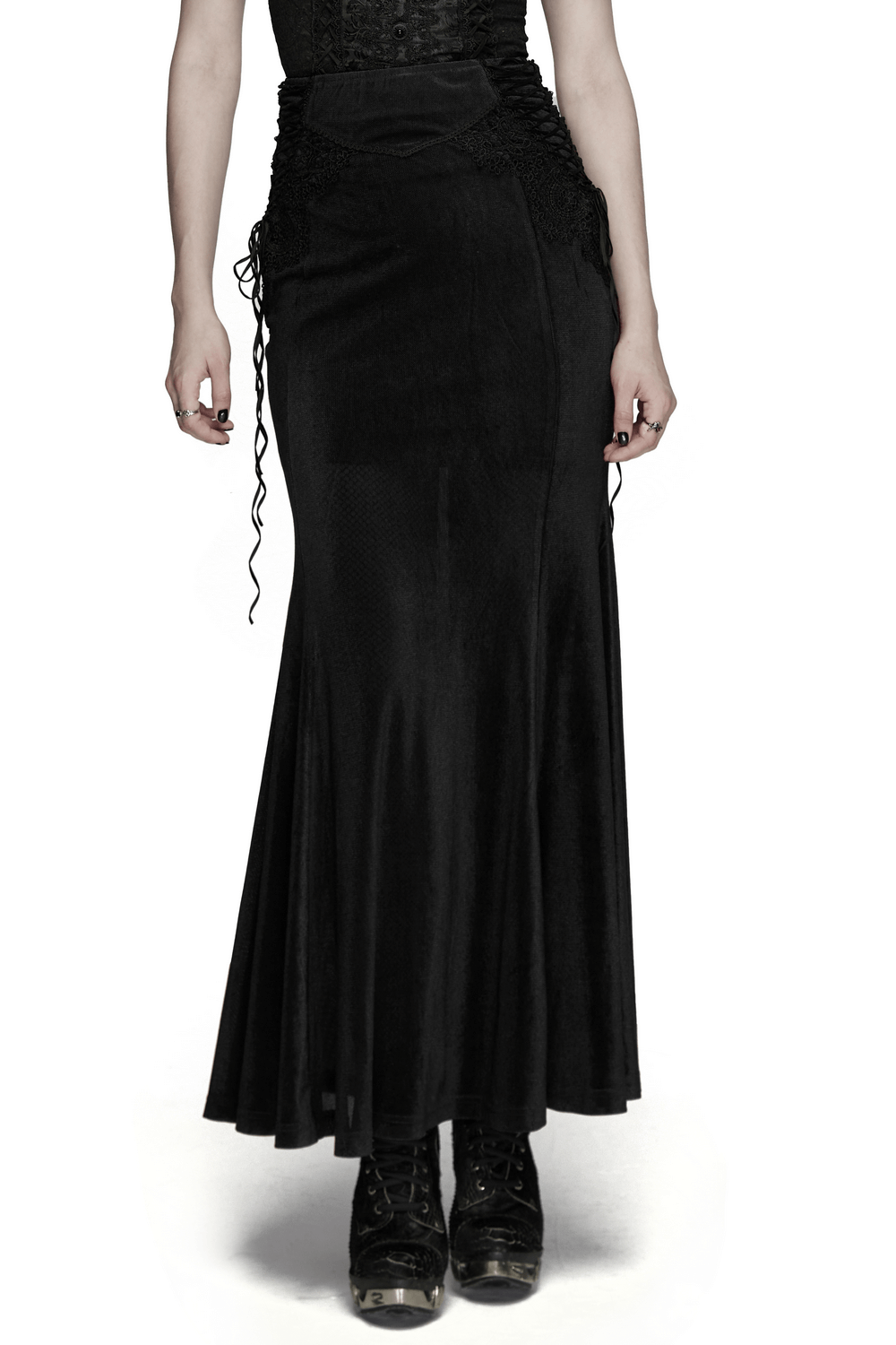 Black Gothic Velvet Mermaid Maxi Skirt with Lace featuring fishtail side drawstrings and lace detailing.