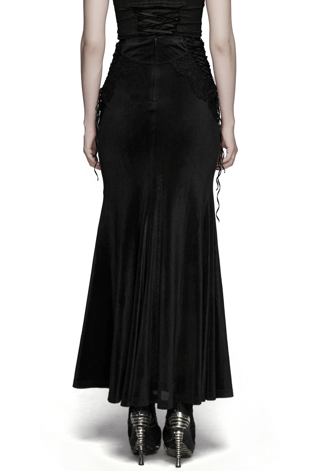Black Gothic Velvet Mermaid Maxi Skirt with Lace showcased from the back, featuring fishtail design and elegant lace detailing.