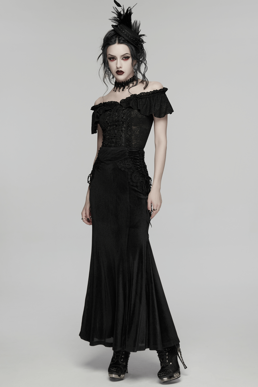 Black Gothic Velvet Mermaid Maxi Skirt with Lace worn by a model showcasing dark romance and gothic elegance.