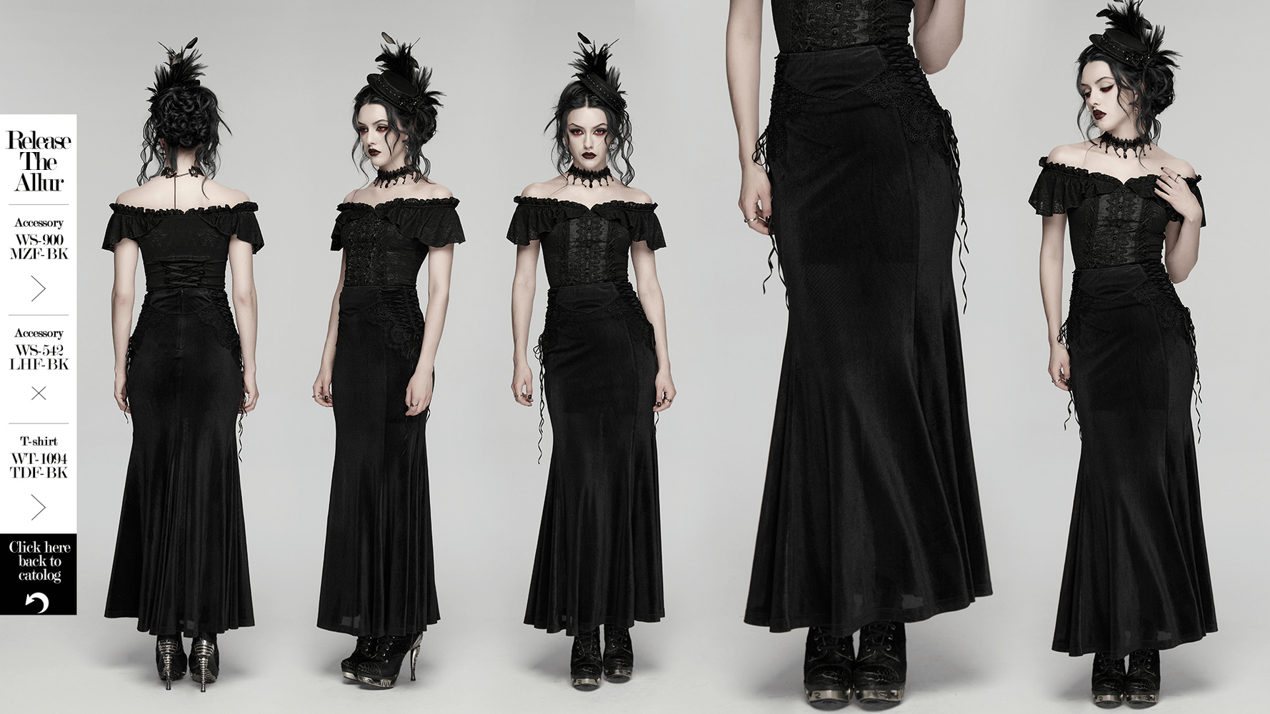 Black Gothic Velvet Mermaid Maxi Skirt with Lace displayed from multiple angles on a model.