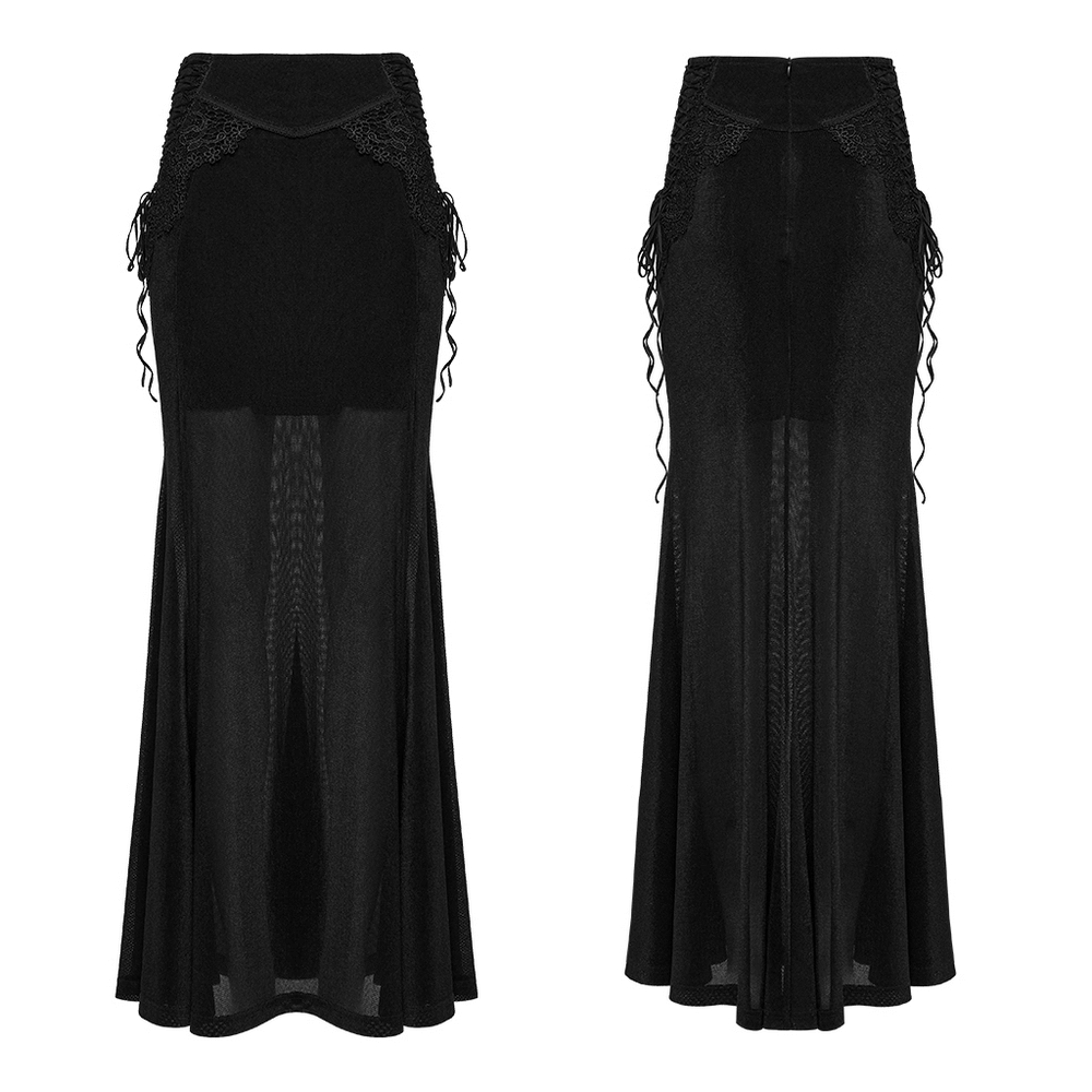 Black Gothic Velvet Mermaid Maxi Skirt with Lace showcasing side drawstrings and flowing hem for dramatic movement.