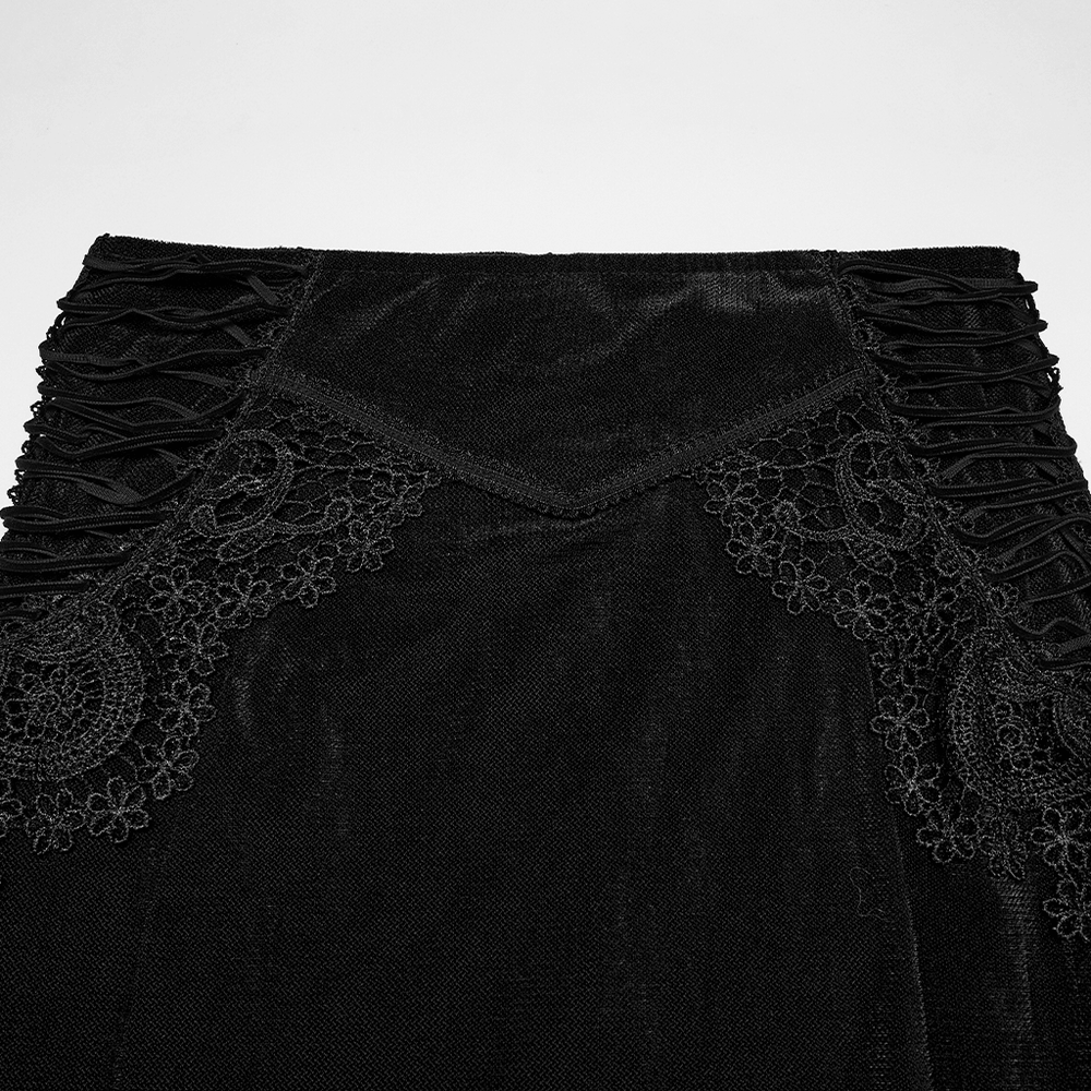 Black Gothic Velvet Mermaid Maxi Skirt with Lace detailed view of side drawstrings and lace embellishments