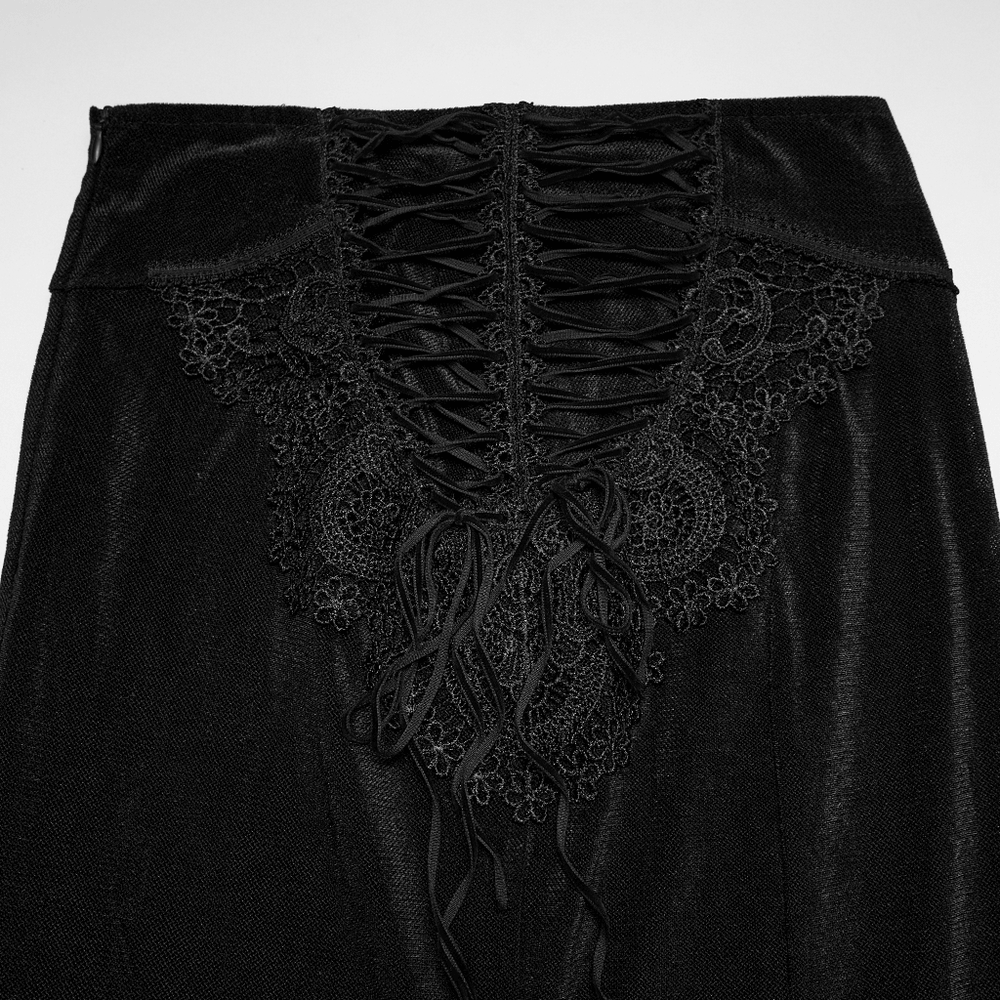 Black Gothic Velvet Mermaid Maxi Skirt with Lace back detailing and corset-style lacing for a dramatic gothic look.