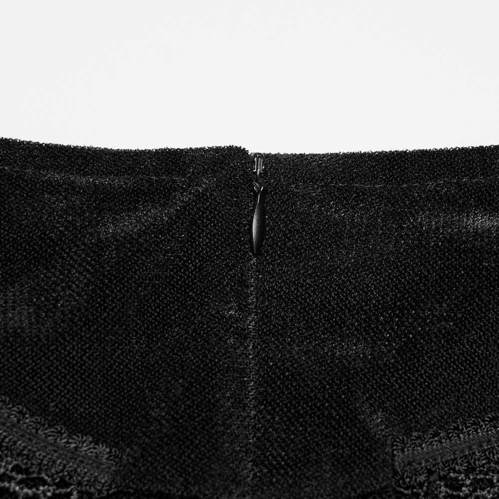 Close-up of the zipper detail on the Black Gothic Velvet Mermaid Maxi Skirt with Lace.
