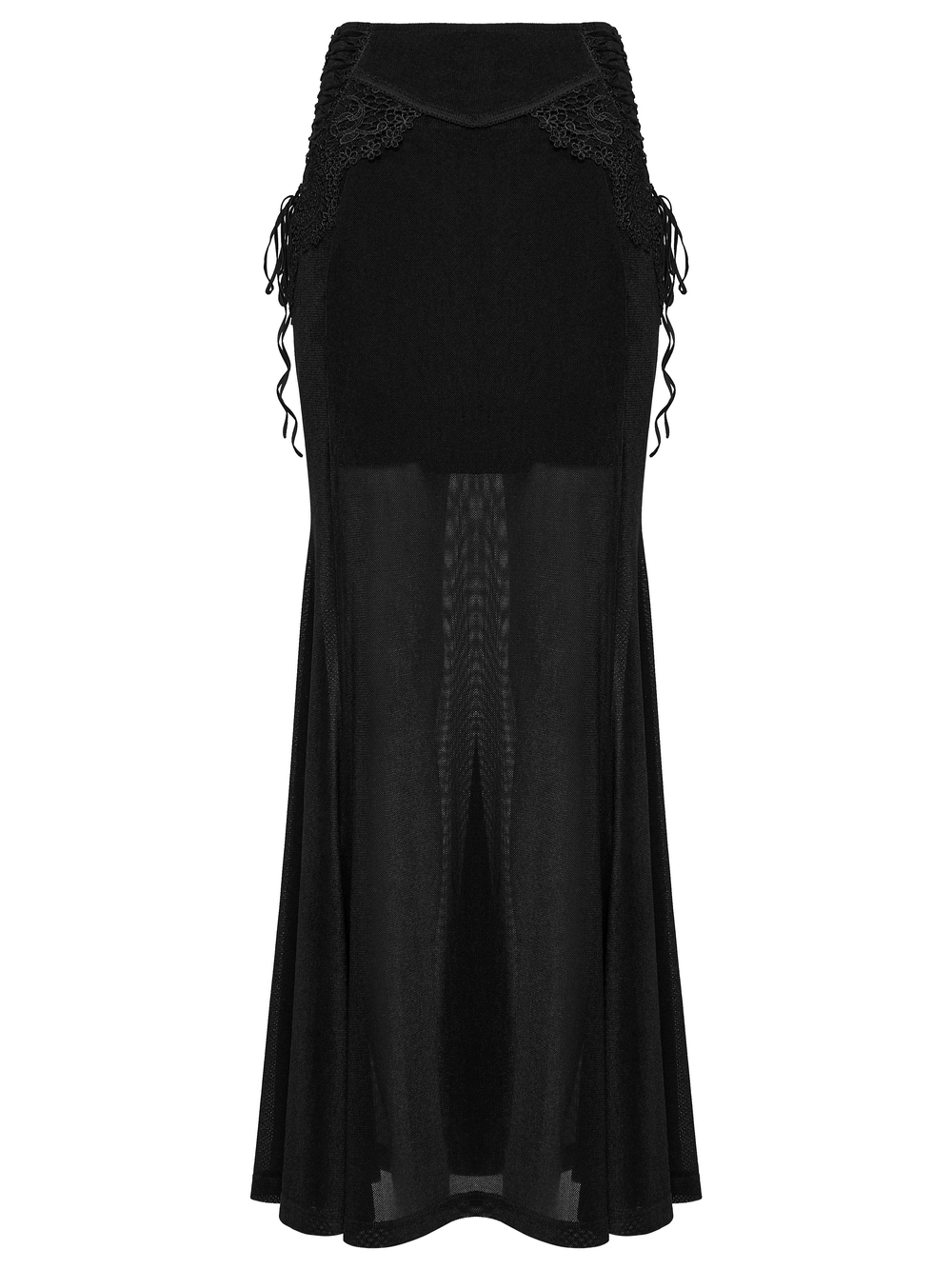 Black Gothic Velvet Mermaid Maxi Skirt with Lace featuring elegant lace detailing and side drawstrings for a perfect fit.