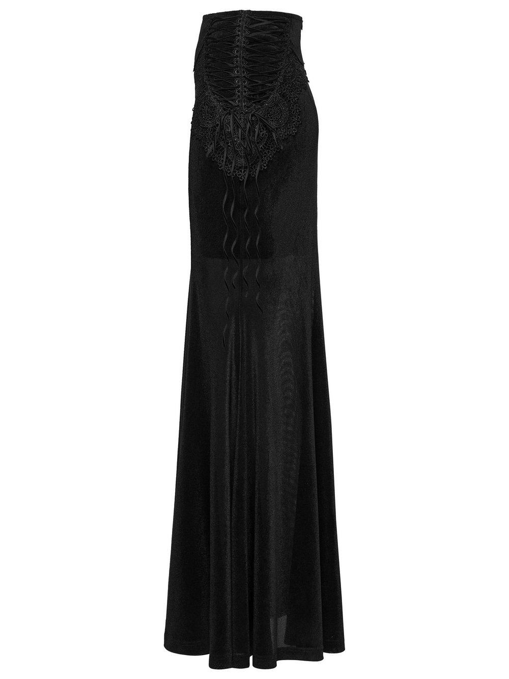 Black Gothic Velvet Mermaid Maxi Skirt with Lace showcasing lace detailing at the back and a flowing silhouette.