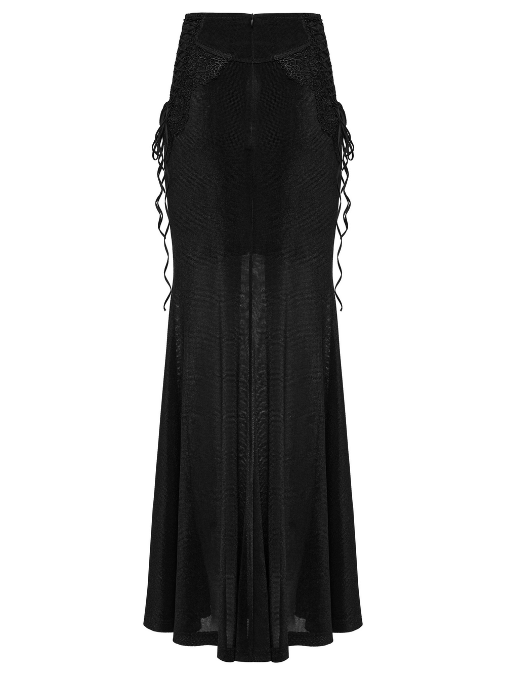 Black Gothic Velvet Mermaid Maxi Skirt with Lace, showcasing elegant lace detailing and fishtail side drawstrings.