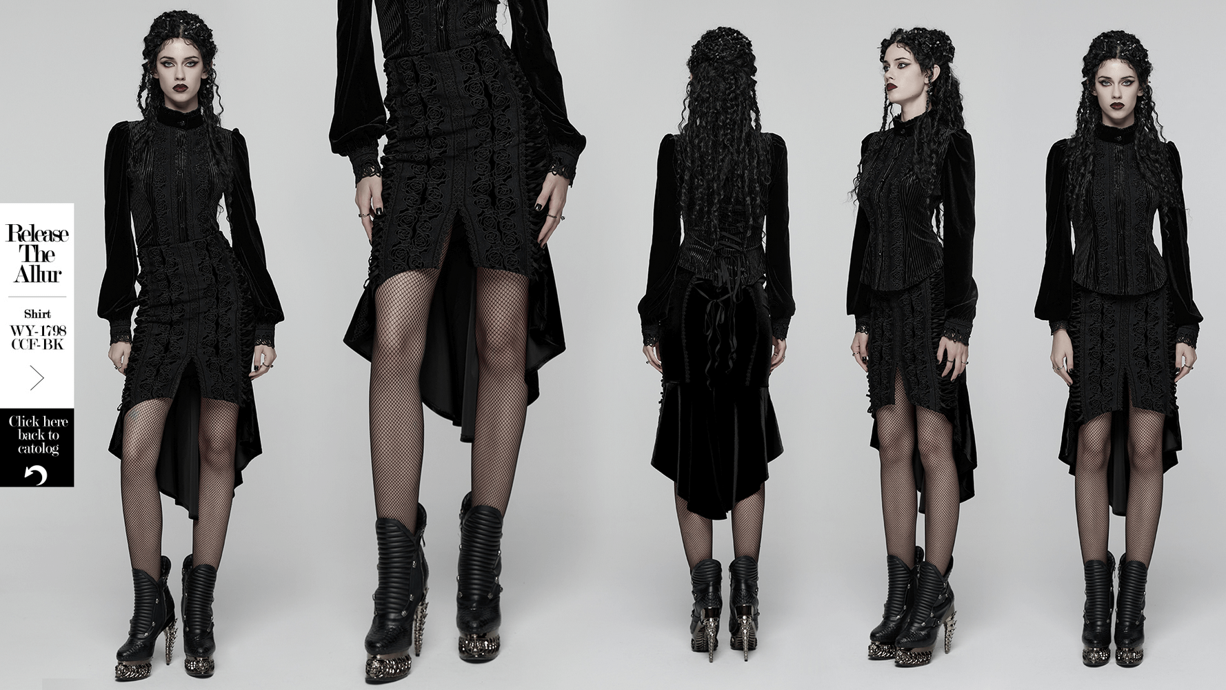 Black Gothic Velvet Rose Lace High-Low Fishtail Skirt with dramatic hem and lace details modeled in stylish poses.