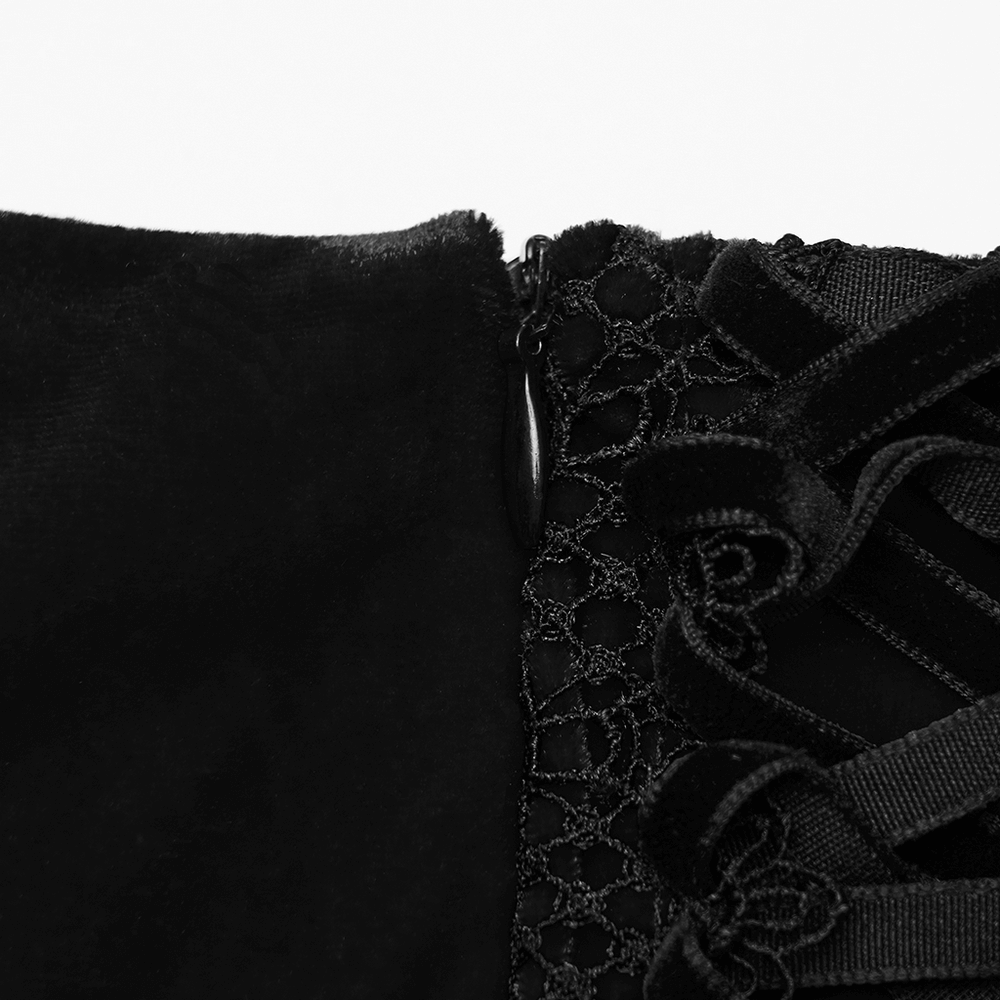 Black Gothic Velvet Rose Lace High-Low Fishtail Skirt lace-up back detail and discreet side zipper close-up