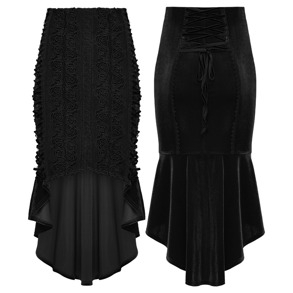 Black Gothic Velvet Rose Lace High-Low Fishtail Skirt showcasing lace details and dramatic high-low hemline.