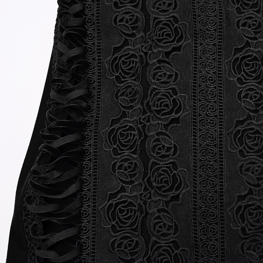 Black Gothic Velvet Rose Lace High-Low Fishtail Skirt detailed view with rose lace design and side drawstrings.