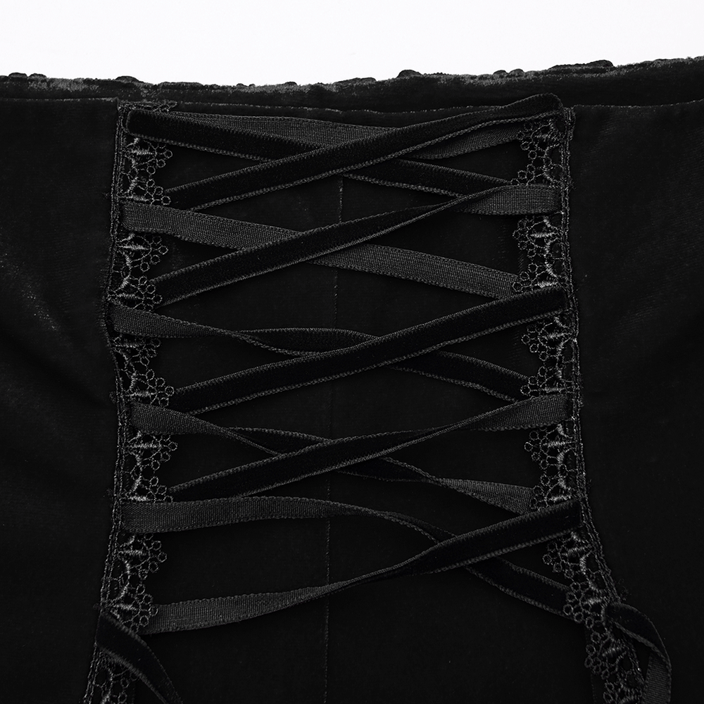 Black Gothic Velvet Rose Lace High-Low Fishtail Skirt lace-up back detail with elegant ribbon design.
